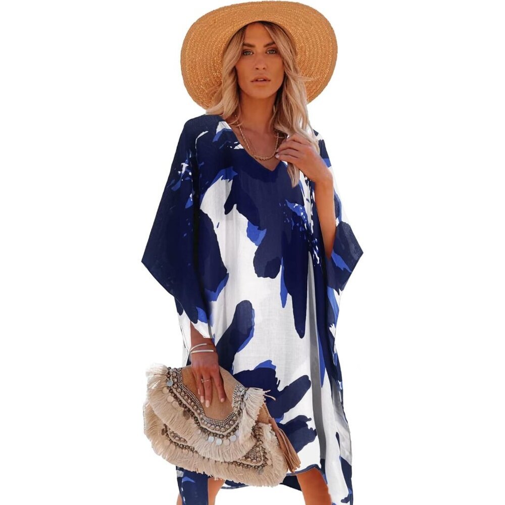 Women's 3 Blue 100% Viscose Kaftan for Bathing Swimsuit Floral Pattern Dress